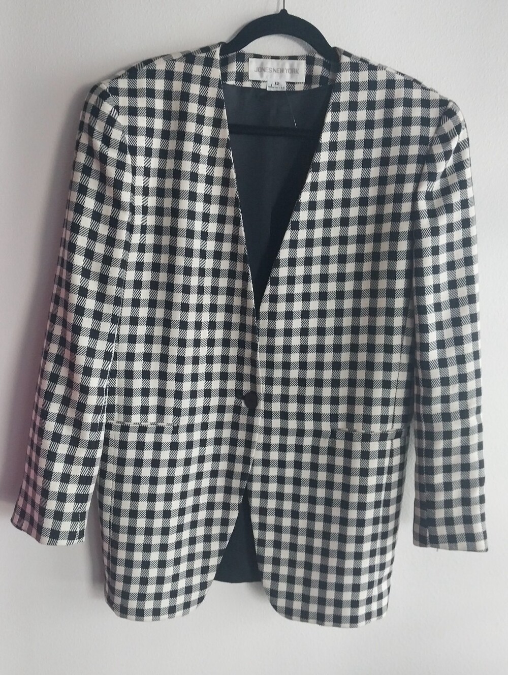 Jones New York Vintage 90s Black & White 100% Wool Plaid Check One Button Blazer